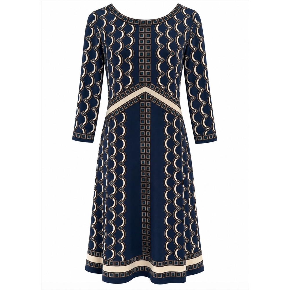 Max Studio Shift Dress S Navy Blue Geometric Art Deco Print 3/4 Sleeve Mod Retro